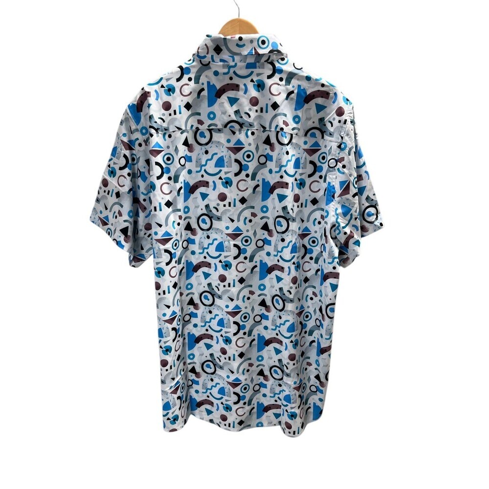 Dixxon Shirt Men's Size 3X White Blue Geometric Button Up Short Sleeve